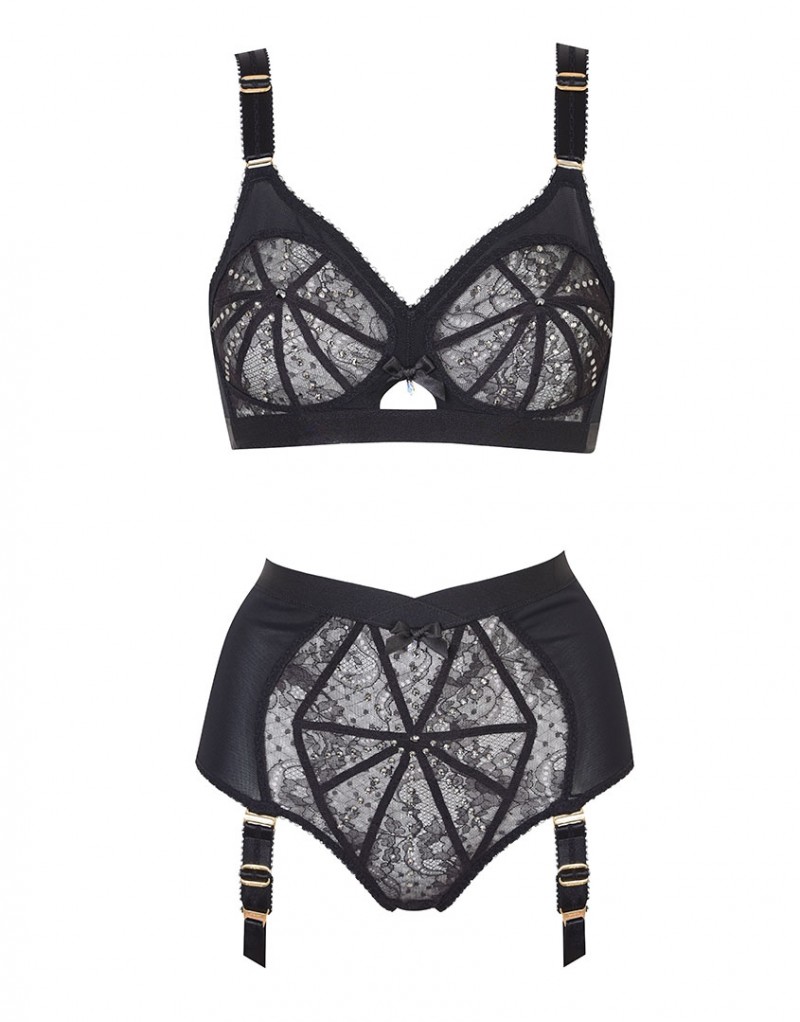 FranniЧерные кружевные высокие трусы с пажами для чулок Franni