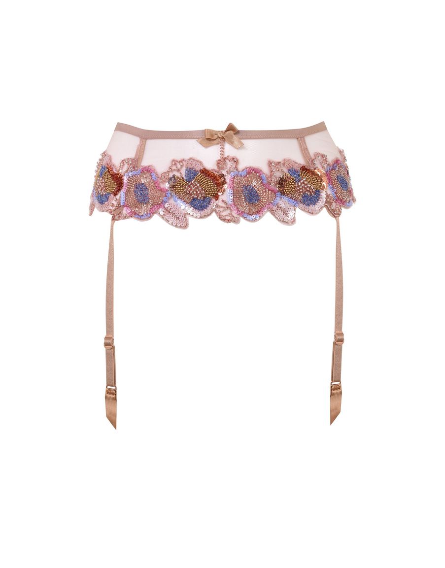 Нюдовый пояс для чулок с вышивкой бисером и пайетками Giana