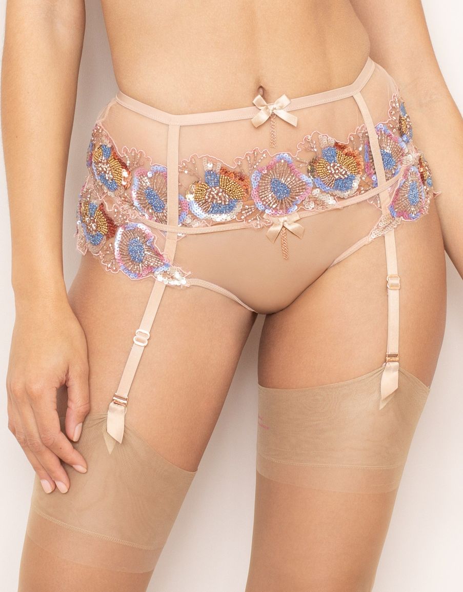 Нюдовый пояс для чулок с вышивкой бисером и пайетками Giana