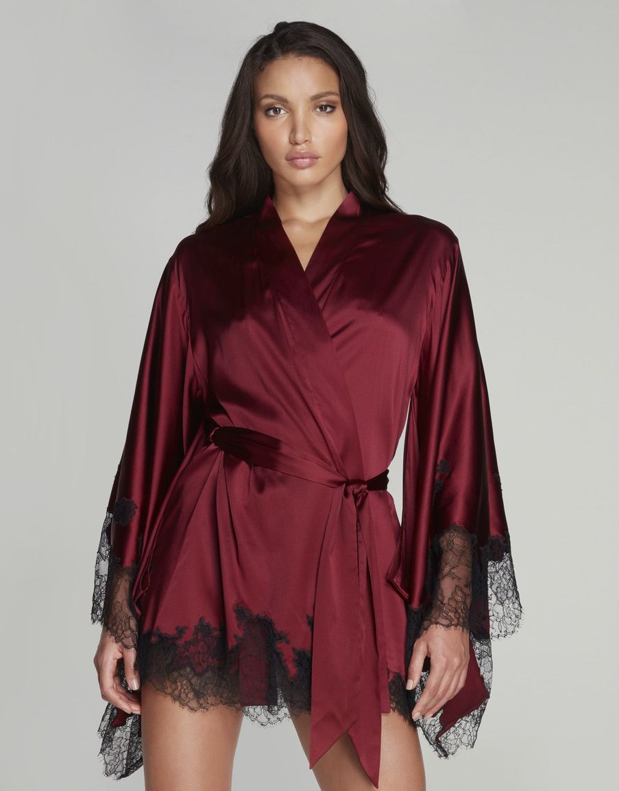 Бордовый короткий халат-кимоно из шелка с кружевом Christi