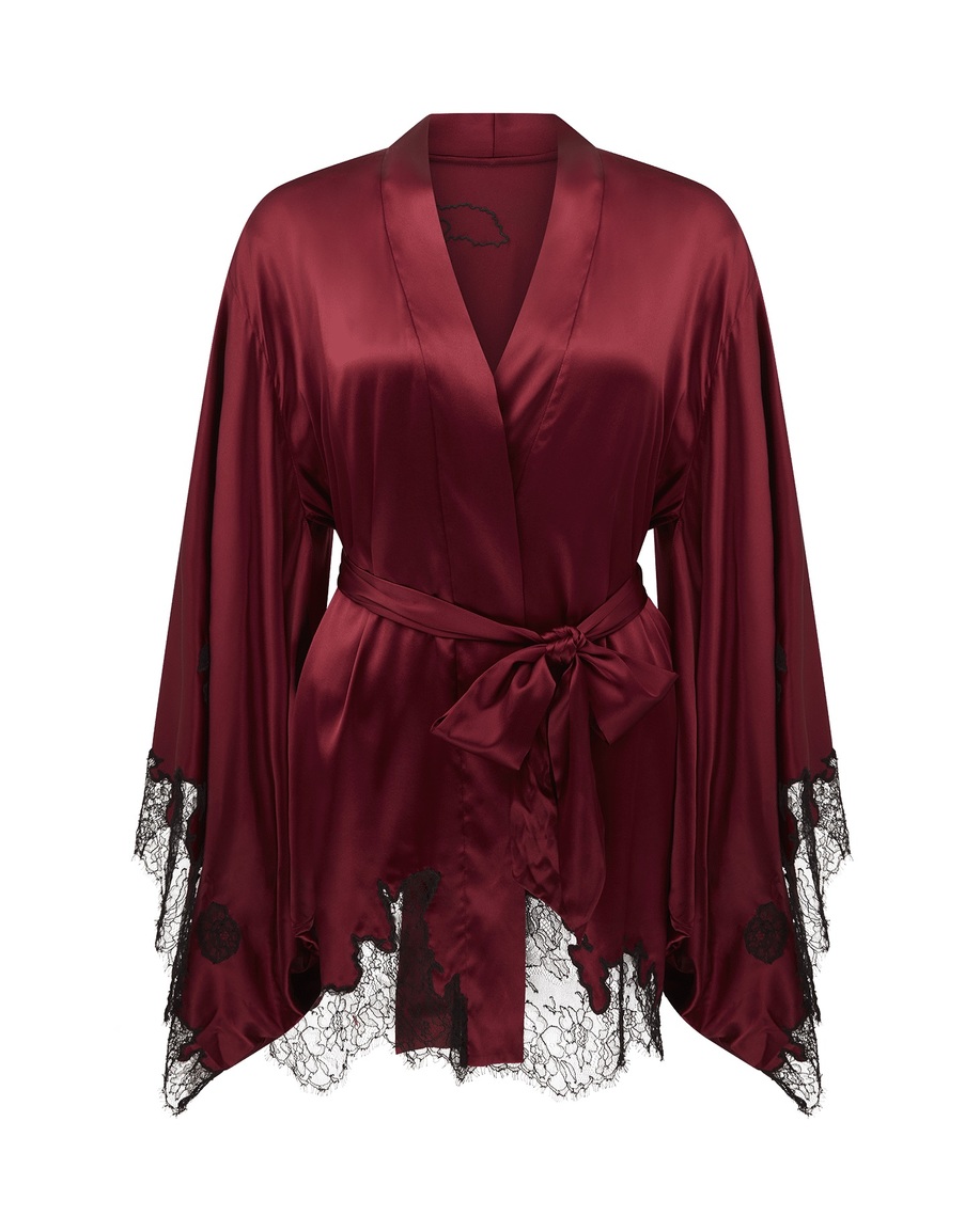 Бордовый короткий халат-кимоно из шелка с кружевом Christi