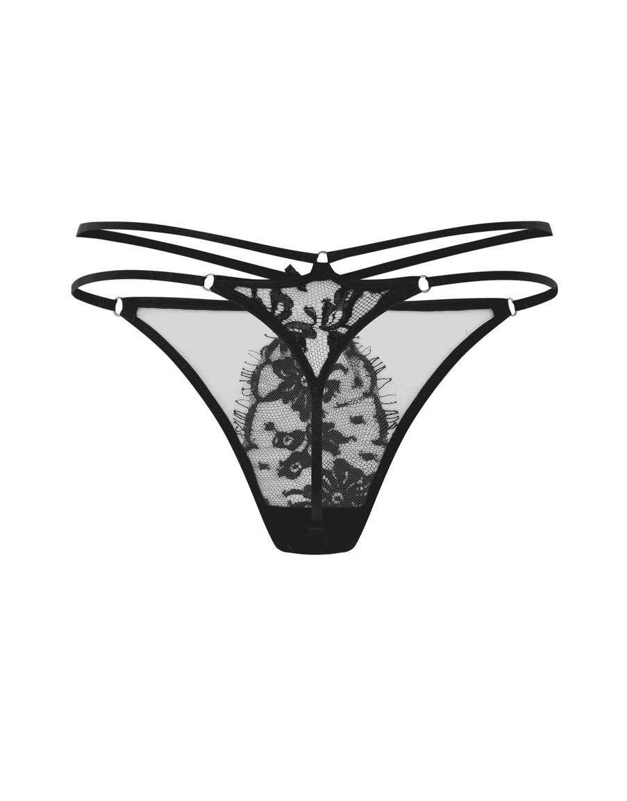 Черные высокие трусы стринги с кружевными вставками Kourtney