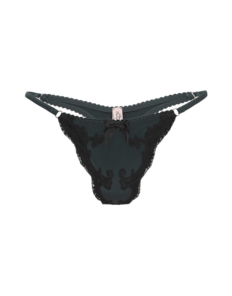Темно-зеленые трусы-стринг из шелка с черным кружевом Molly
