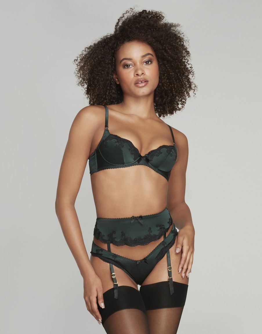 Темно-зеленый пояс для чулок из шелка с черным кружевом Molly