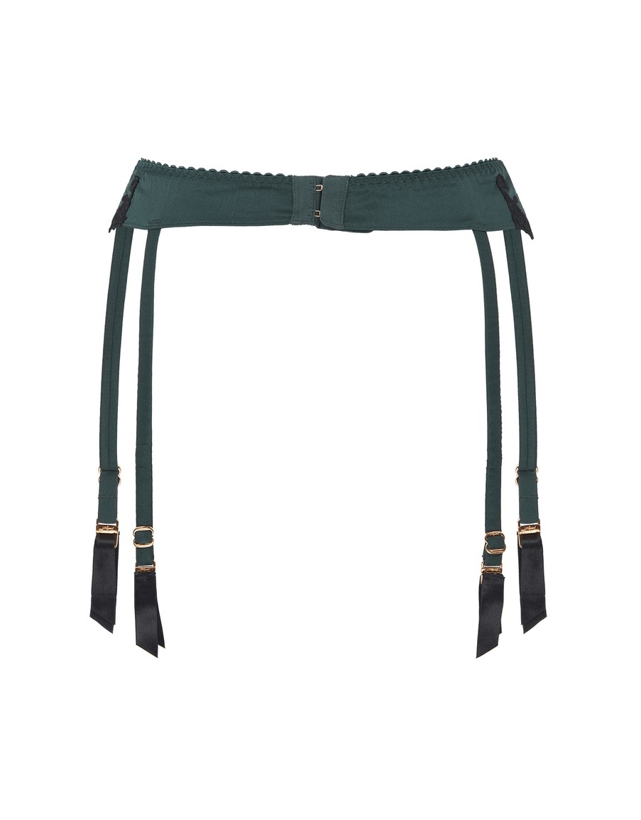 Темно-зеленый пояс для чулок из шелка с черным кружевом Molly