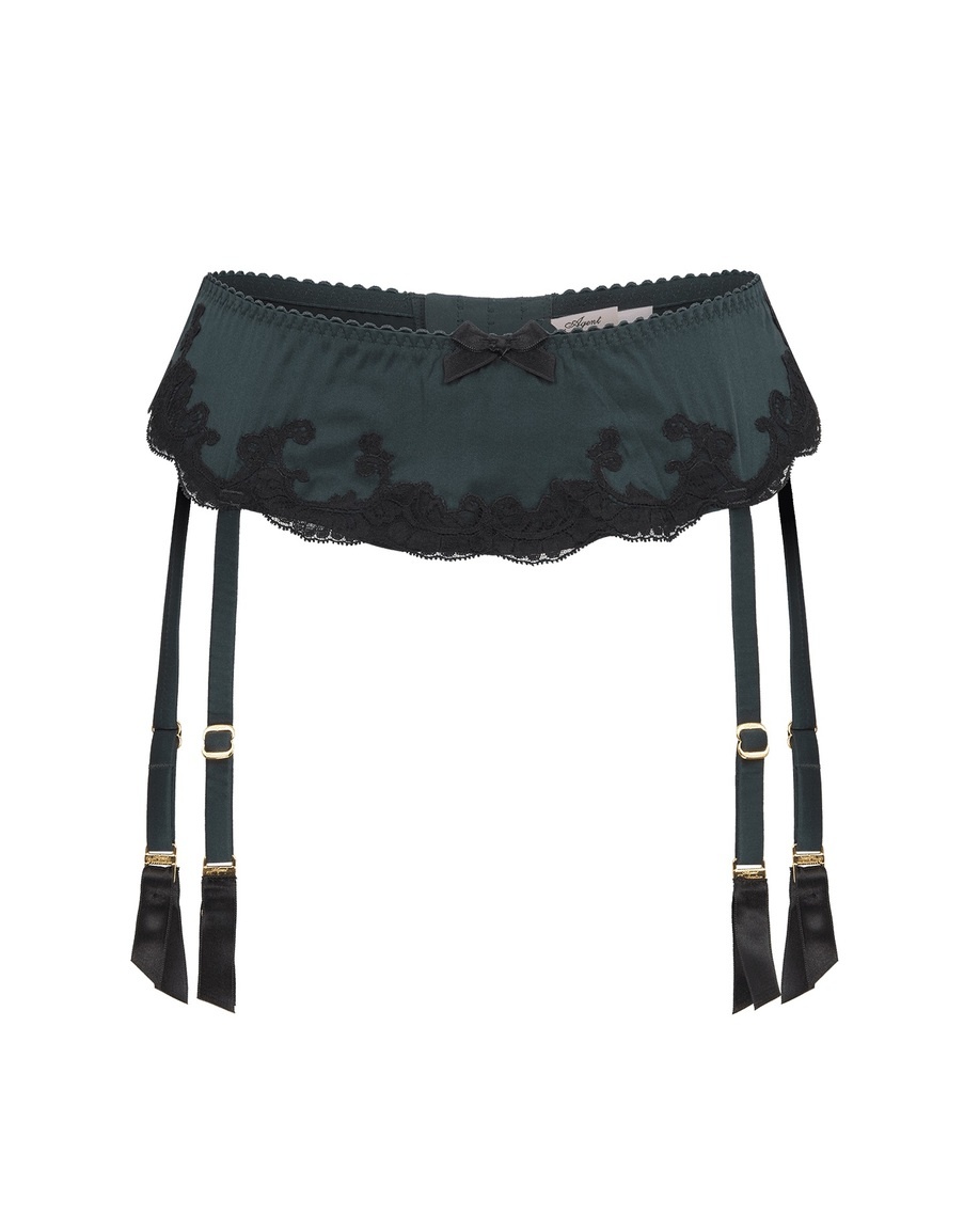 Темно-зеленый пояс для чулок из шелка с черным кружевом Molly