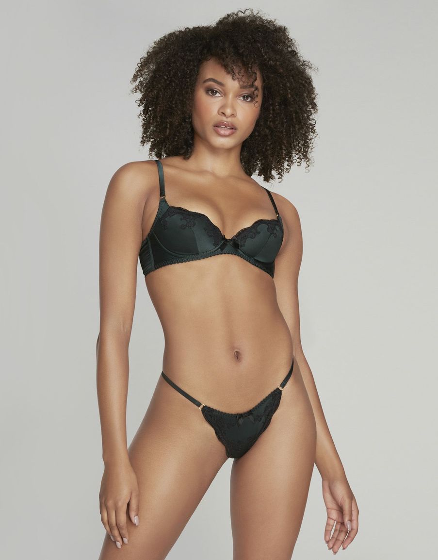 Темно-зеленые трусы-стринг из шелка с черным кружевом Molly