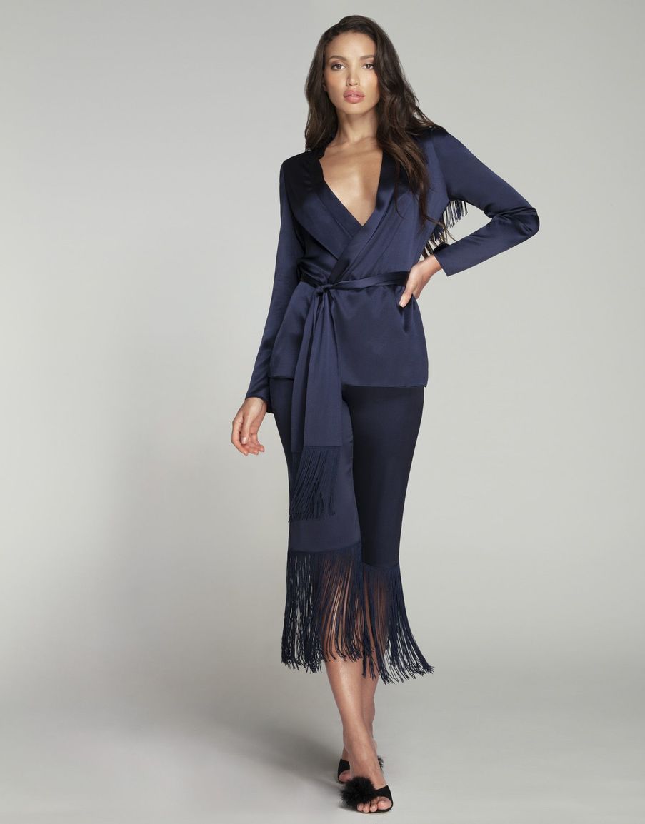Темно-синий шелковый жакет с отделкой бахромой Nevada