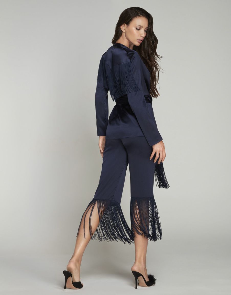 Темно-синий шелковый жакет с отделкой бахромой Nevada
