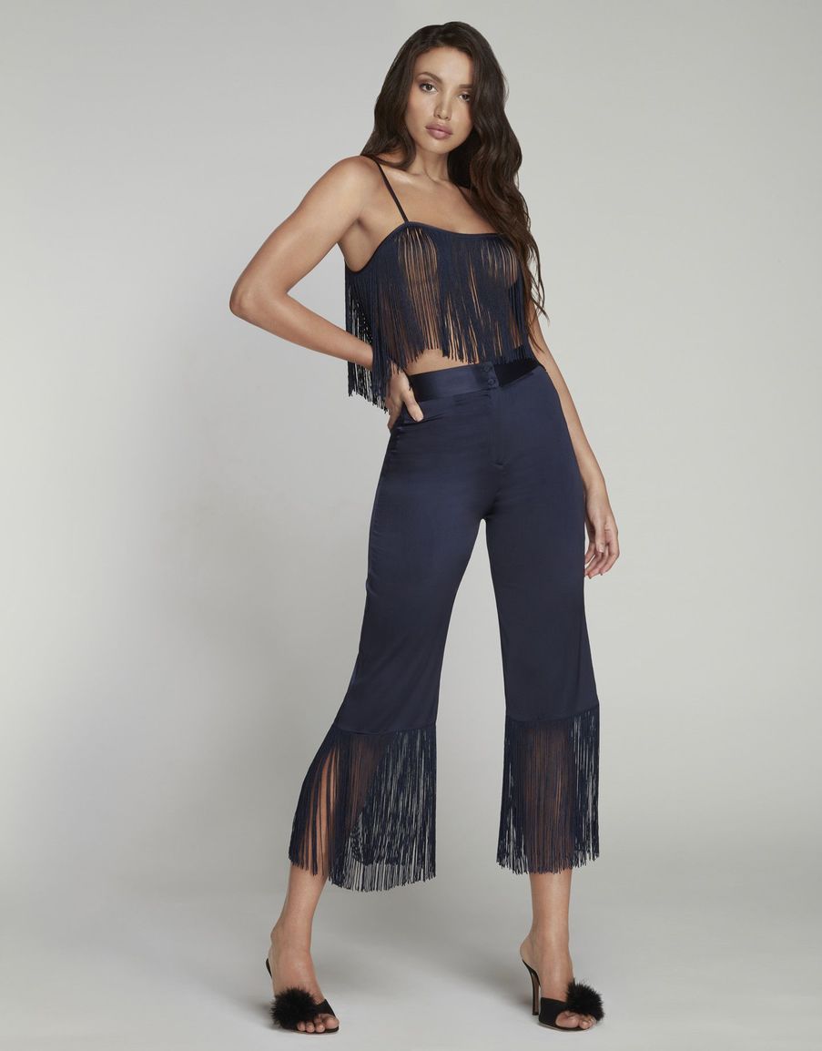 Темно-синие укороченные брюки из шелка с бахромой Nevada
