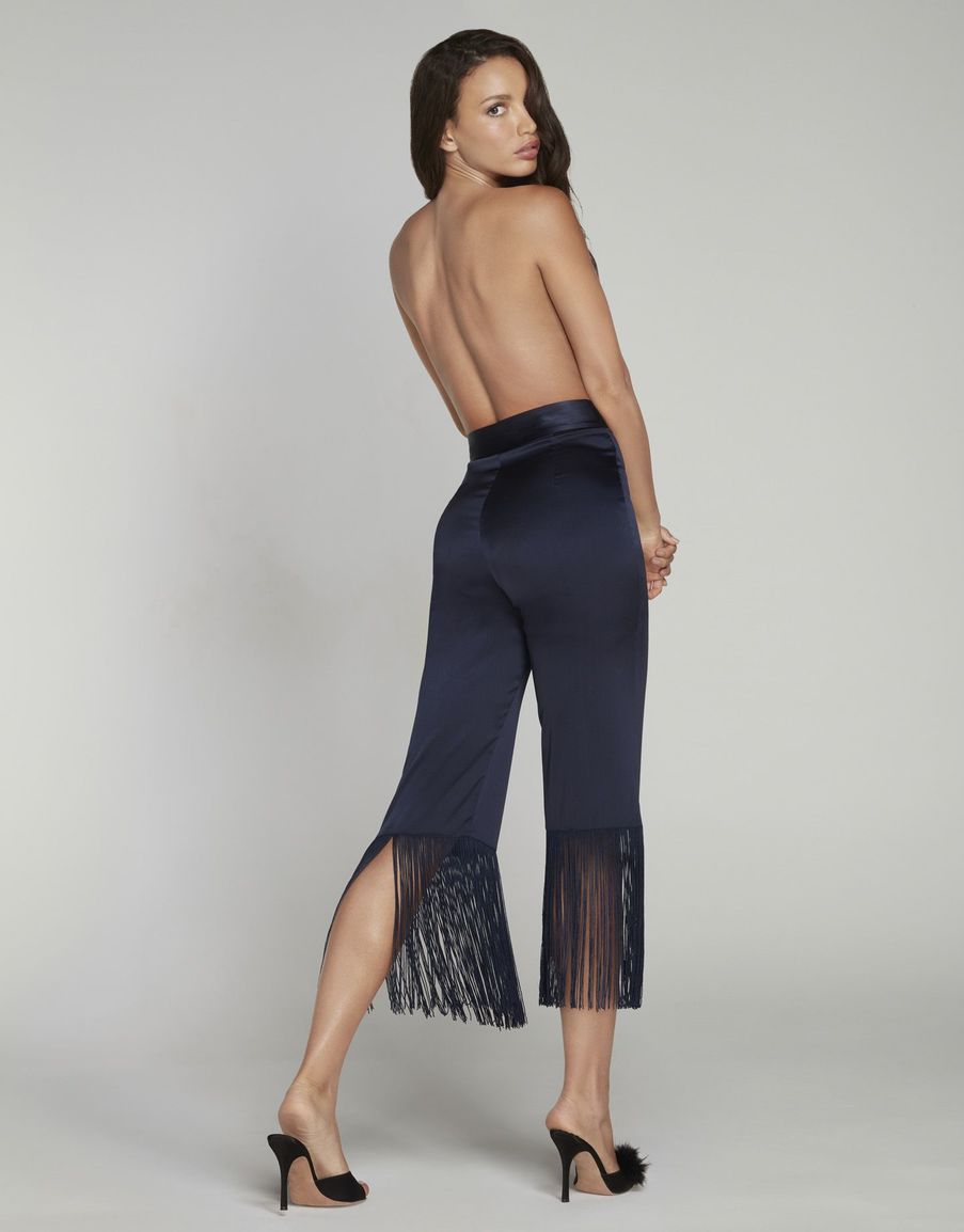Темно-синие укороченные брюки из шелка с бахромой Nevada