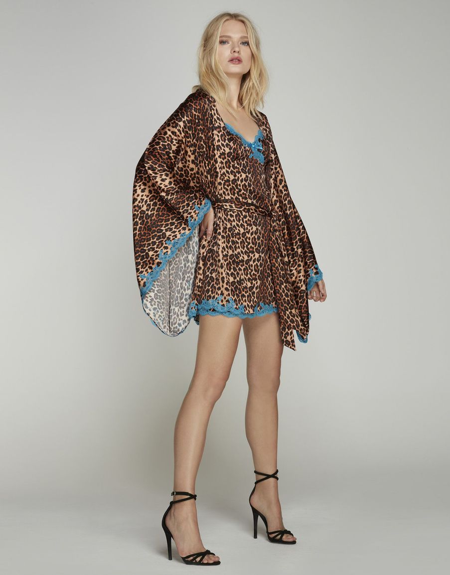 Леопардовая сорочка из шелка с бирюзовым кружевом Molly