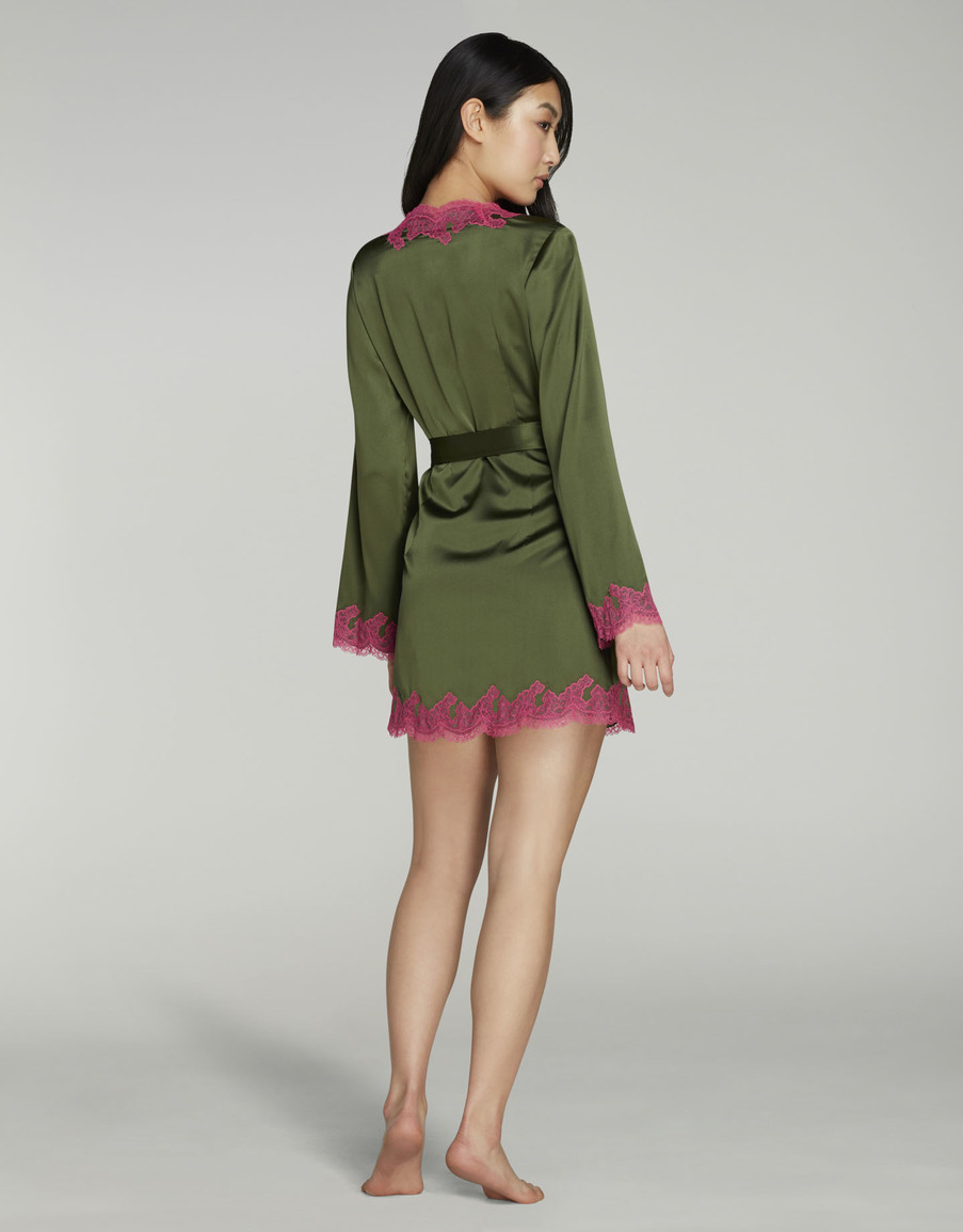 Шелковый пижамный топ цвета хаки с розовым кружевом Amelea