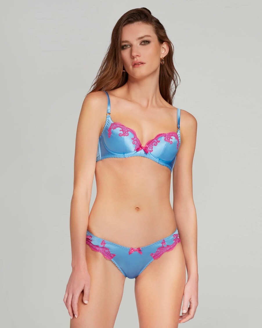 Голубые классические трусы из шелка с розовым кружевом Molly