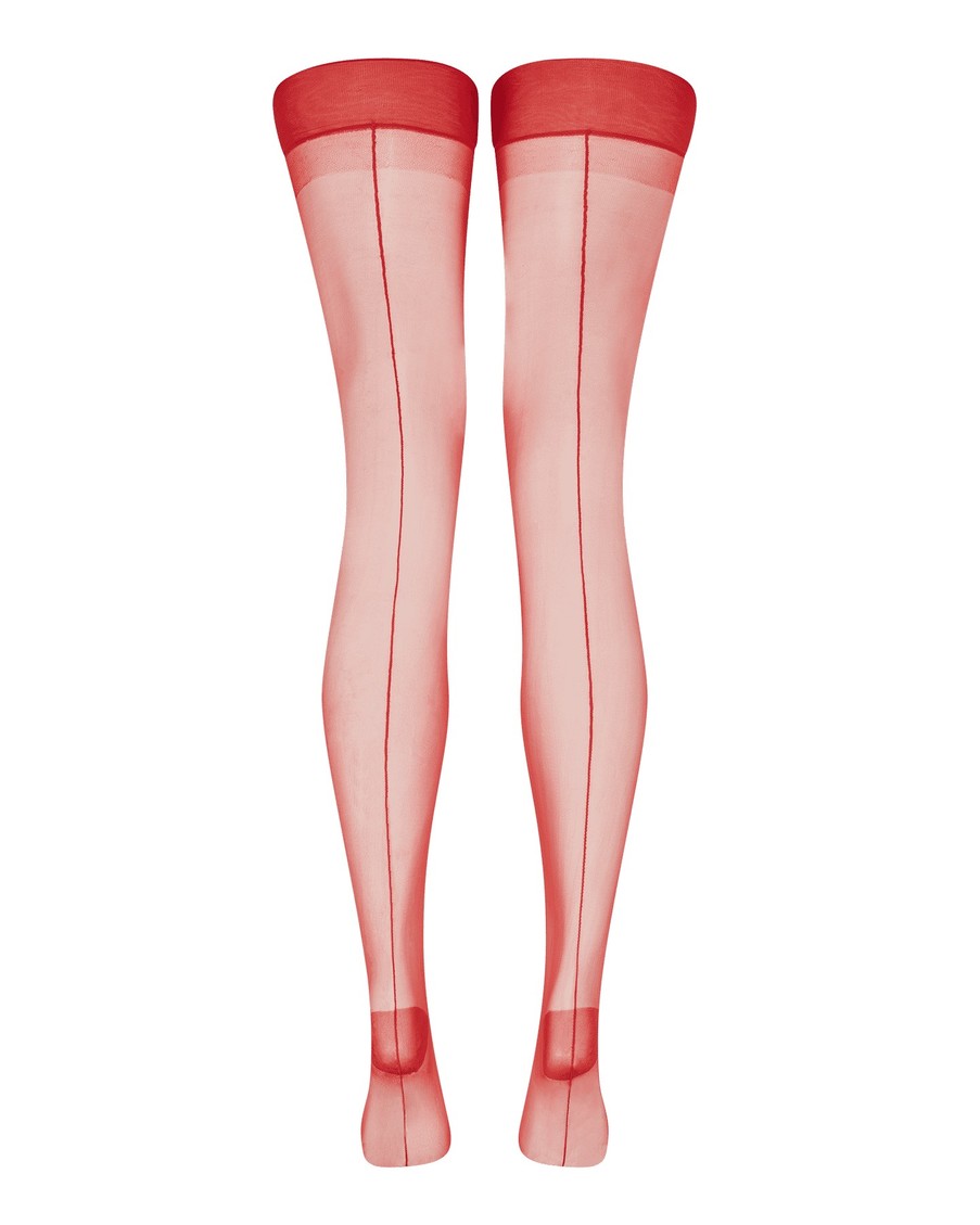 Красные чулки под пояс с продольным швом Opale