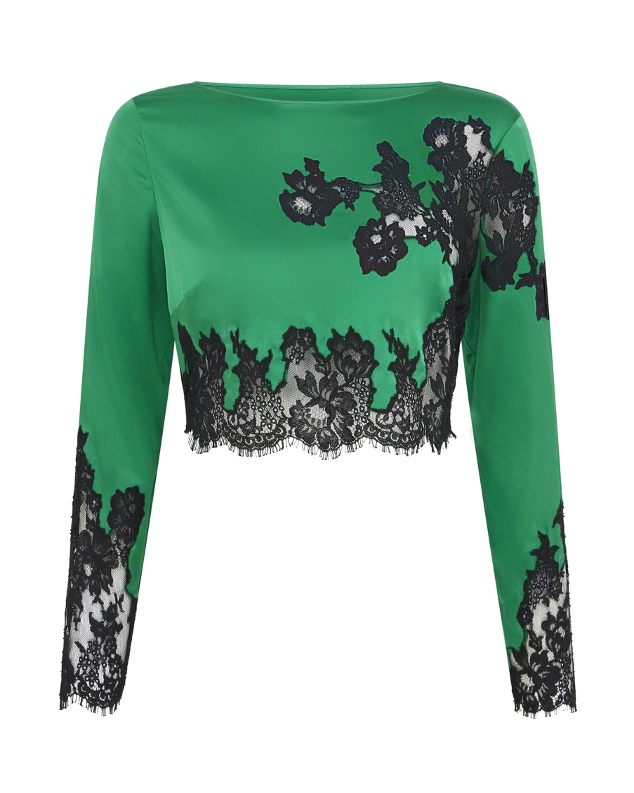 Зеленый топ с черным кружевом Trishya