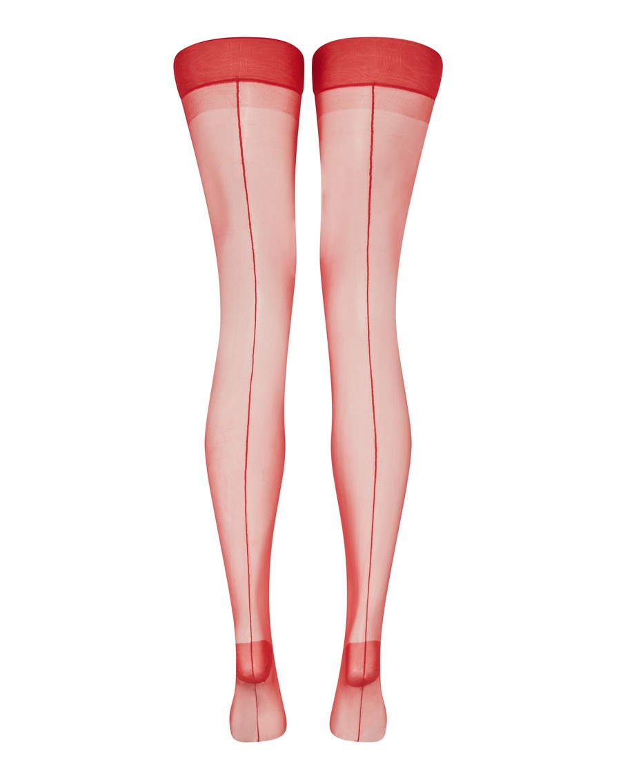 Красные чулки под пояс с продольным швом Opale