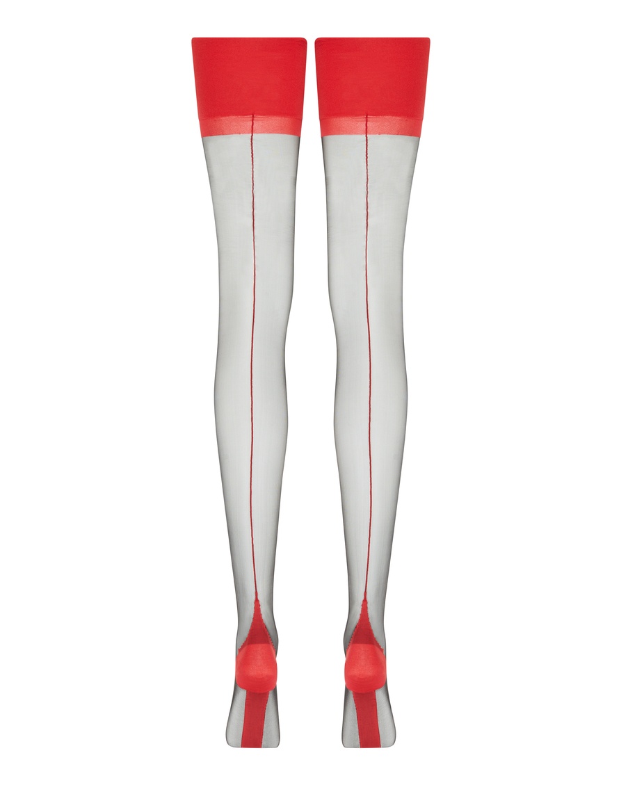 Черно-красные чулки под пояс с продольным швом Ora