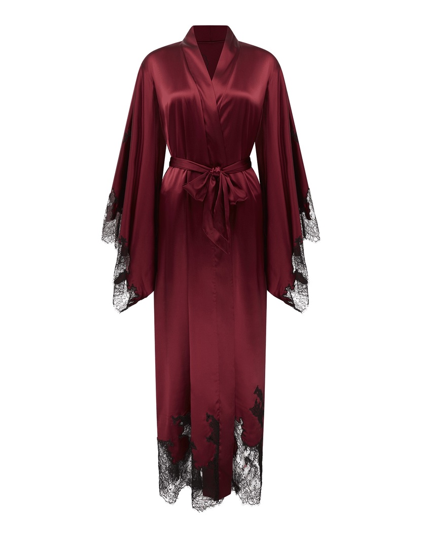 ChristiДлинный халат-кимоно из бордового шелка с кружевом Christi