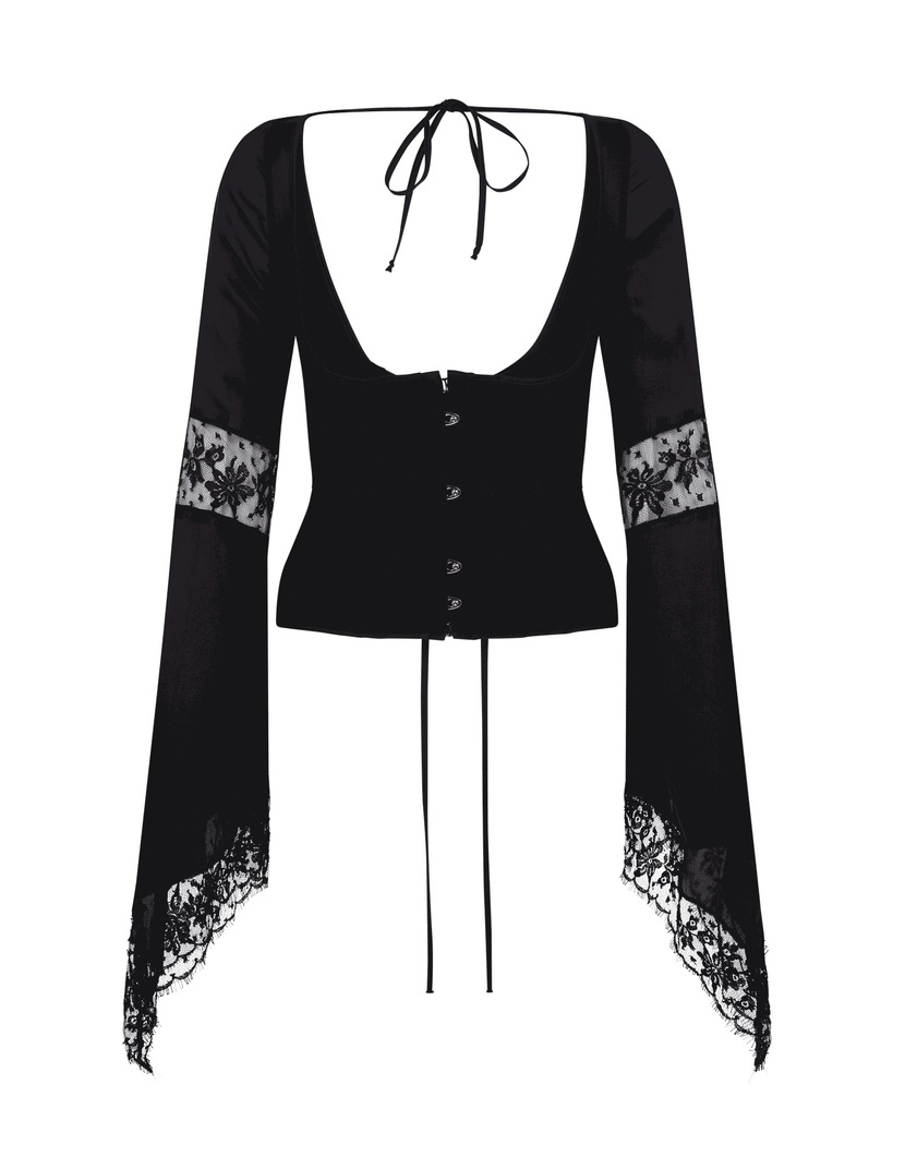 WynonaЧерный шелковый корсет с длинными рукавами и кружевными вставками Wynona