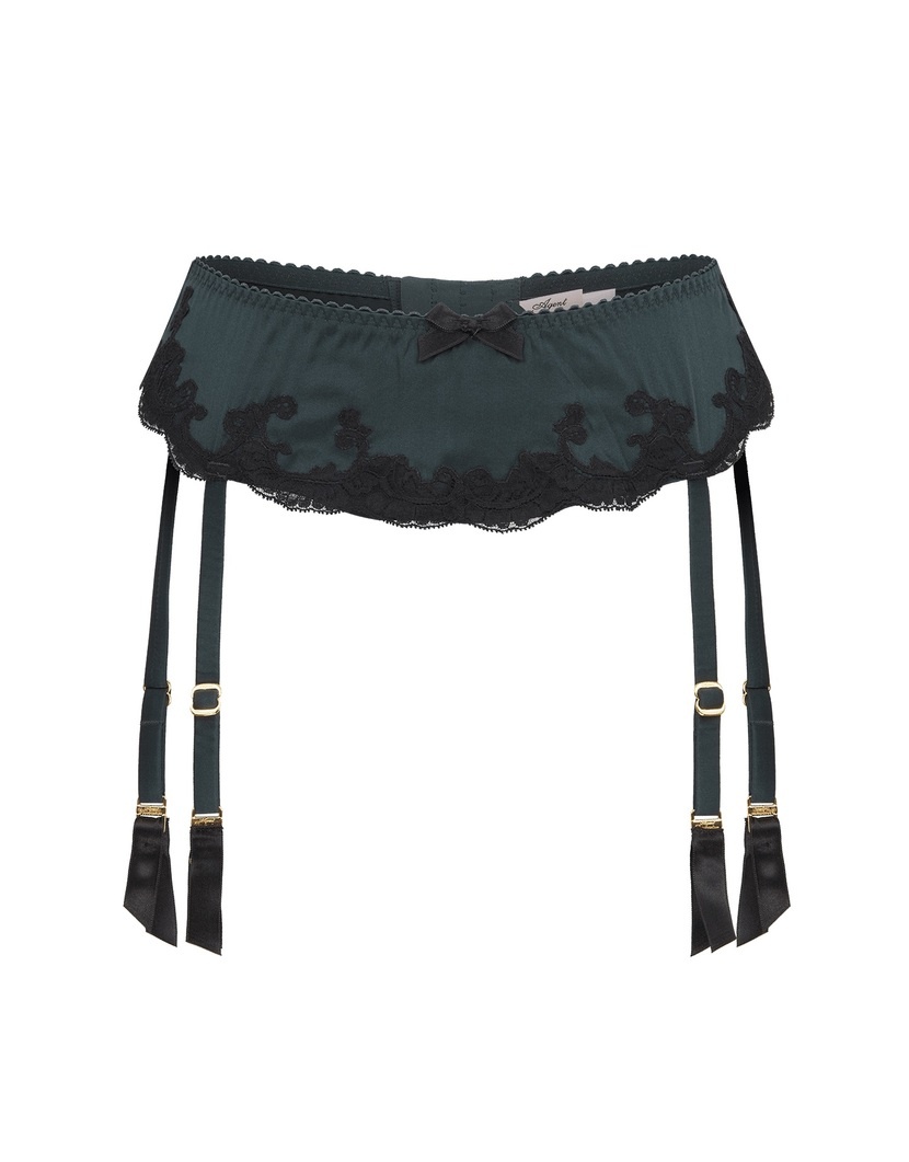 MollyТемно-зеленый пояс для чулок из шелка с черным кружевом Molly
