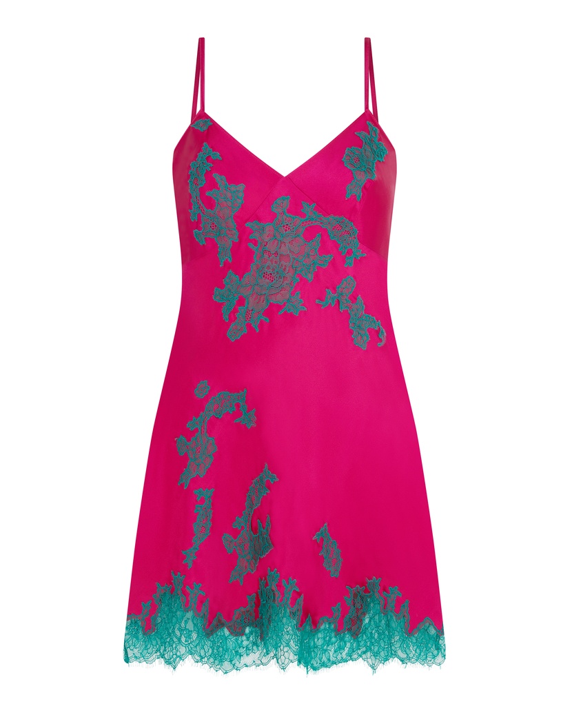 ChristiШелковая сорочка цвета фуксия с  зеленым кружевом Christi