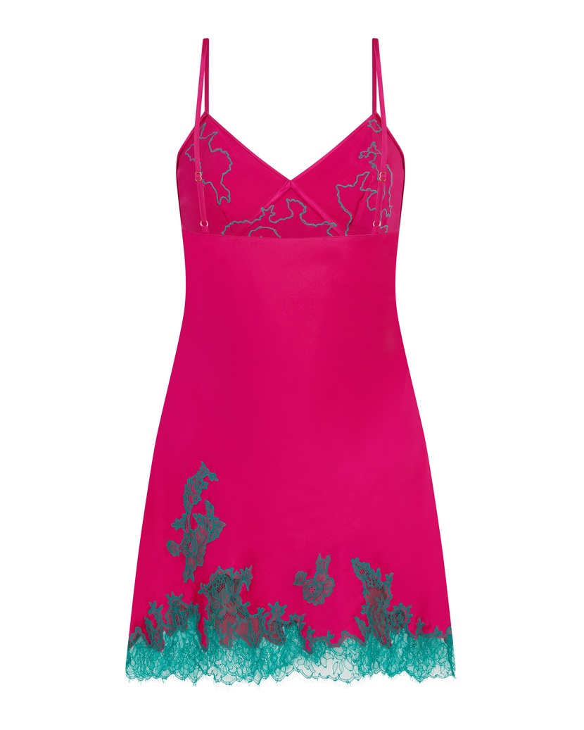 ChristiШелковая сорочка цвета фуксия с  зеленым кружевом Christi