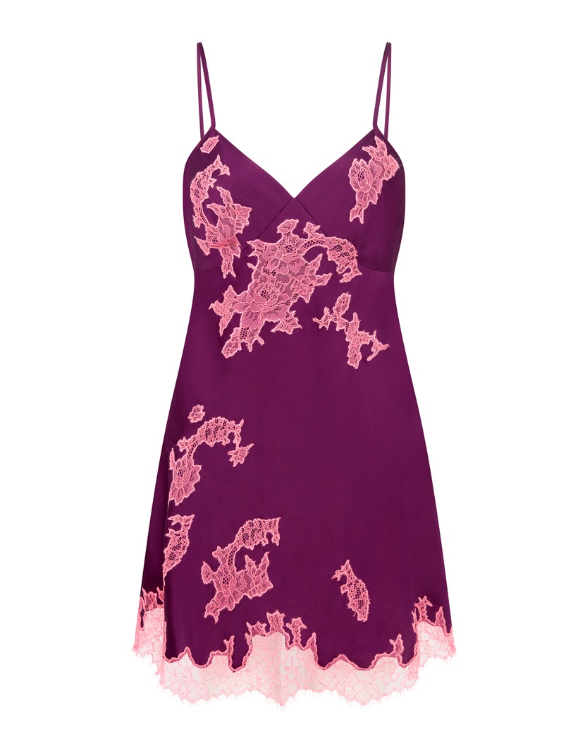 ChristiСливовая шелковая сорочка с розовым кружевом Christi