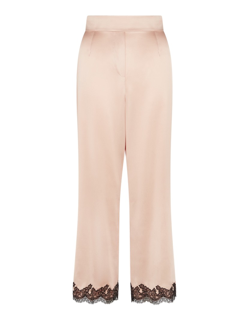 AmeleaРозовые укороченные пижамные брюки из шелка с черным кружевом Amelea