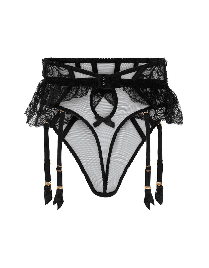 RozlynЧерные кружевные трусы стринги с пажами для чулок Rozlyn