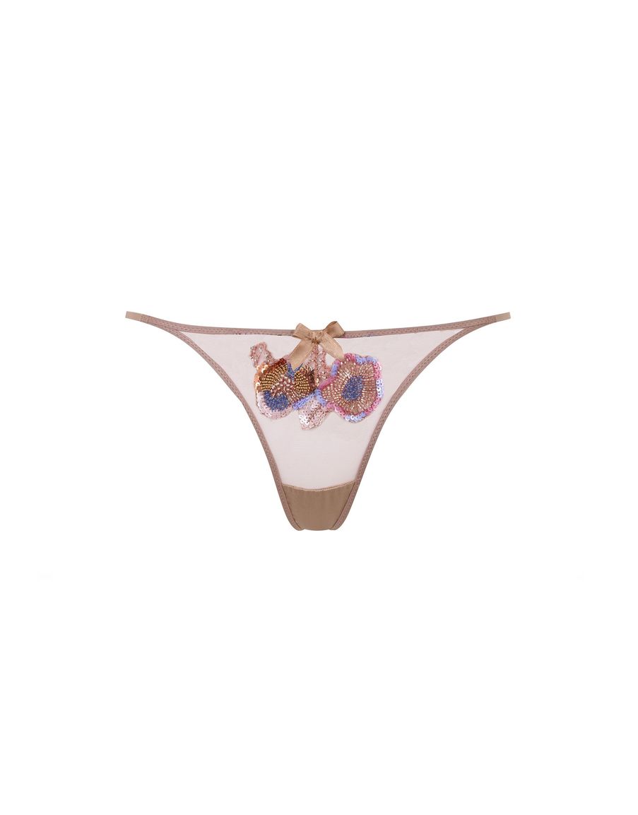 Нюдовые трусы стринги с вышивкой бисером и пайетками Giana