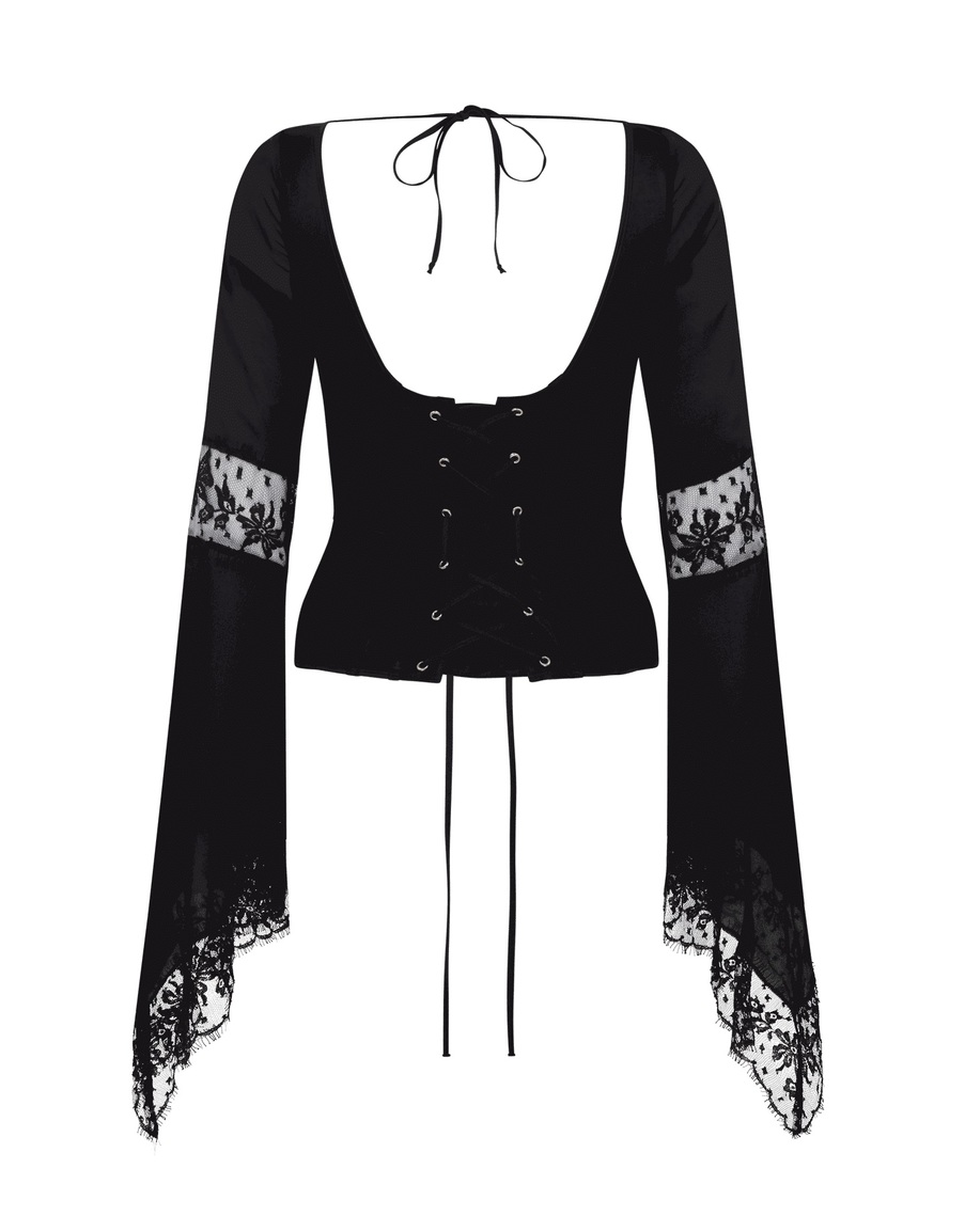 Черный шелковый корсет с длинными рукавами и кружевными вставками Wynona
