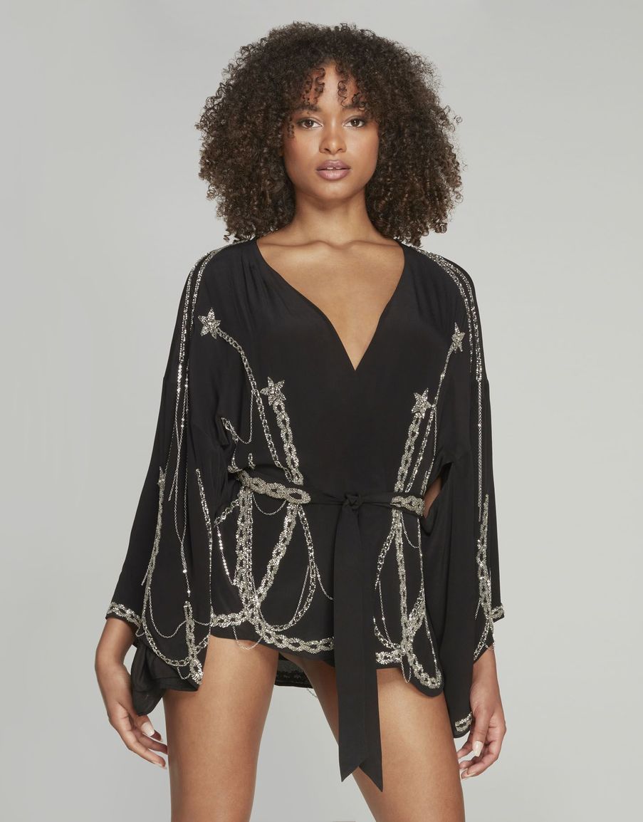 Черный шелковый халат-кимоно с серебряной вышивкой Sylvie