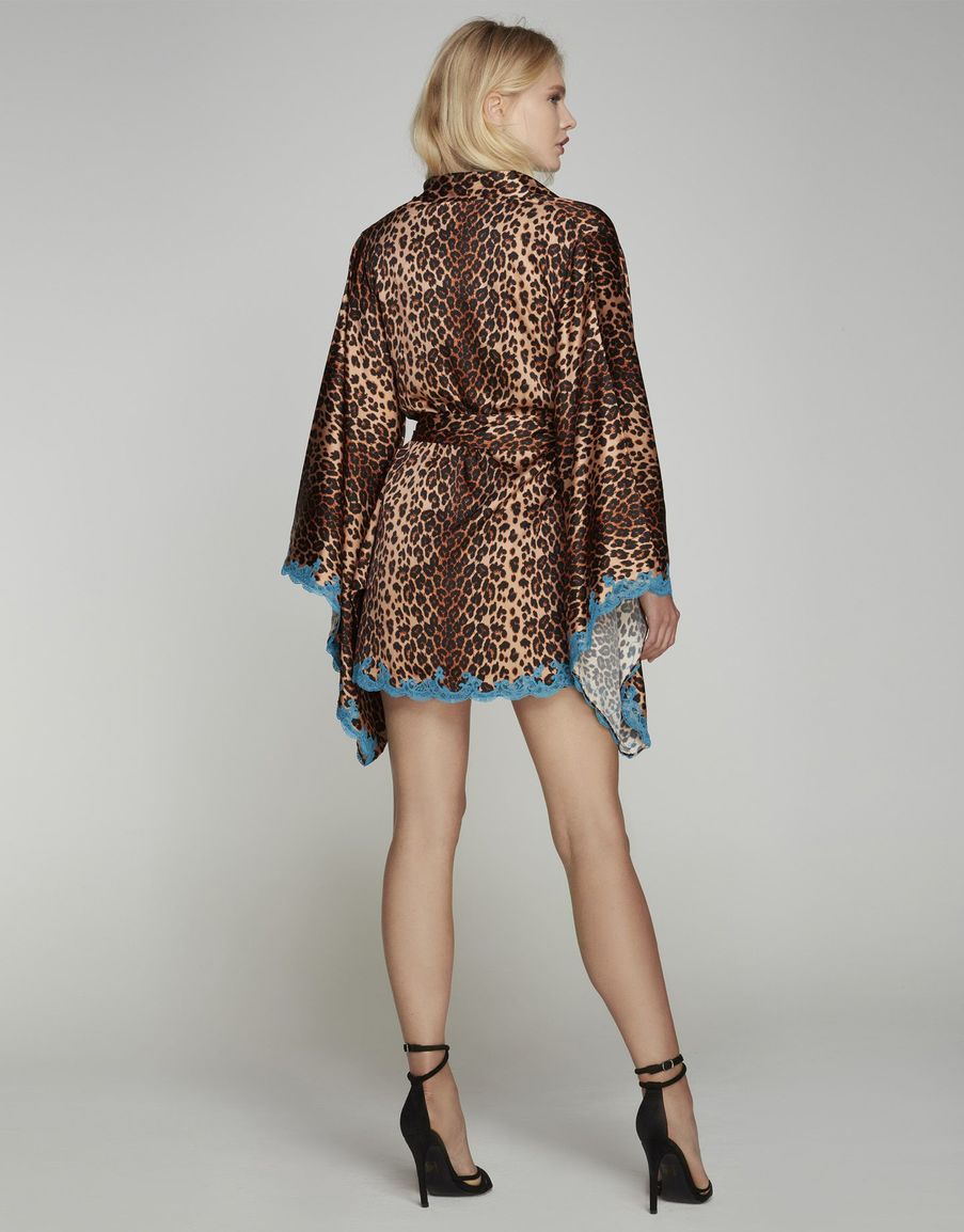 Леопардовый халат-кимоно из шелка с бирюзовым кружевом Molly