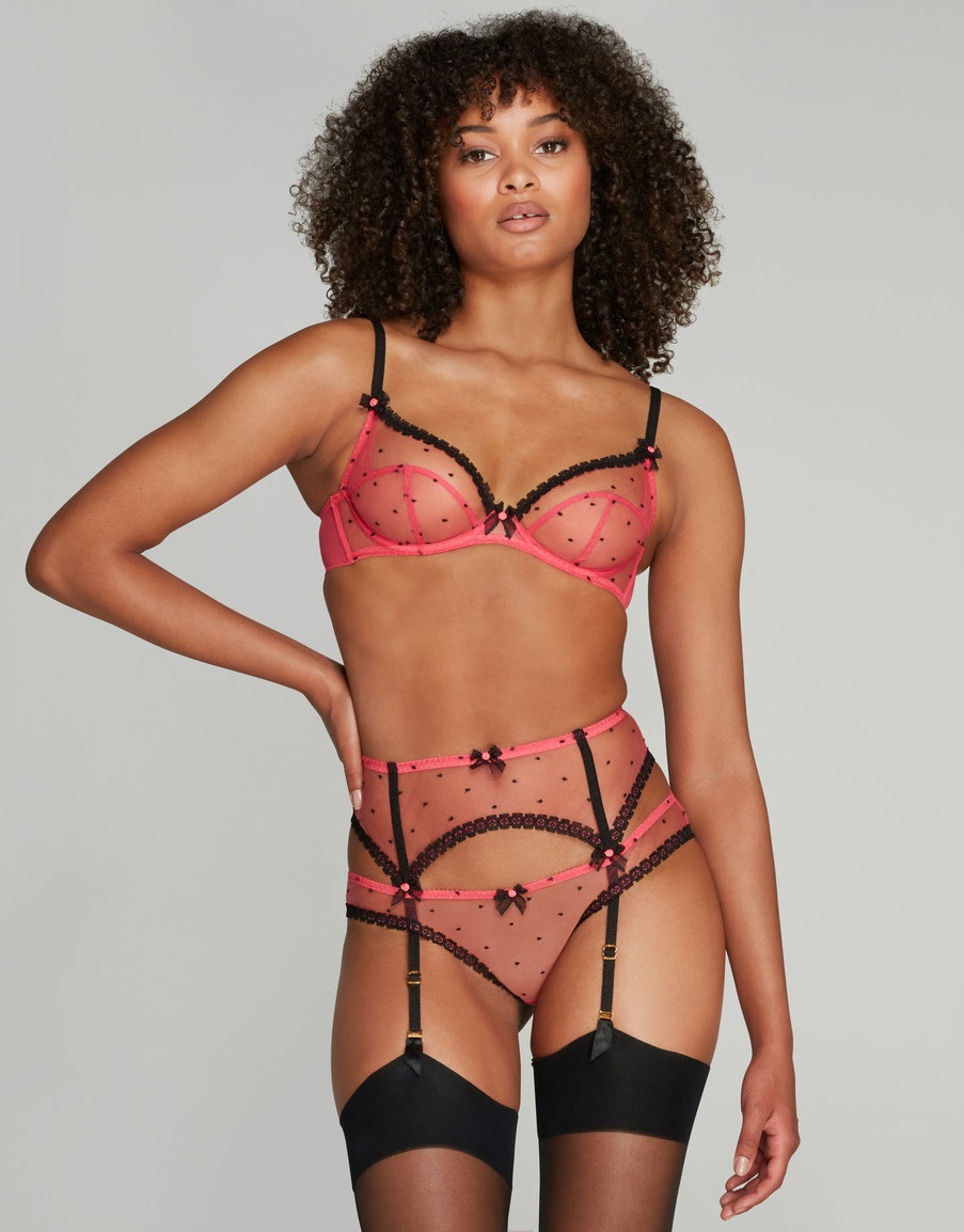 Розово-черный прозрачный пояс для чулок Poppie