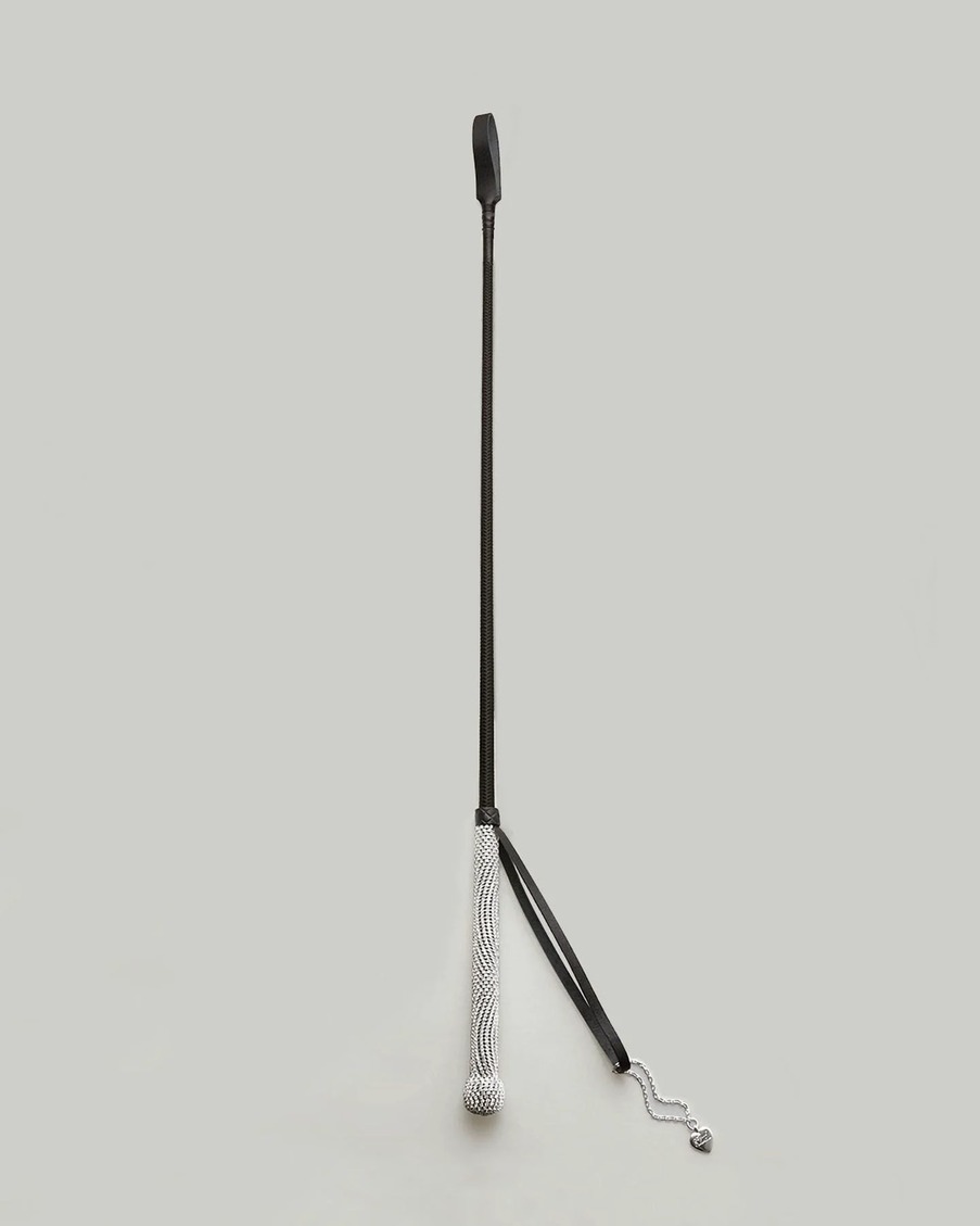 Черный кожаный хлыст с белыми кристаллами Whip Crystal