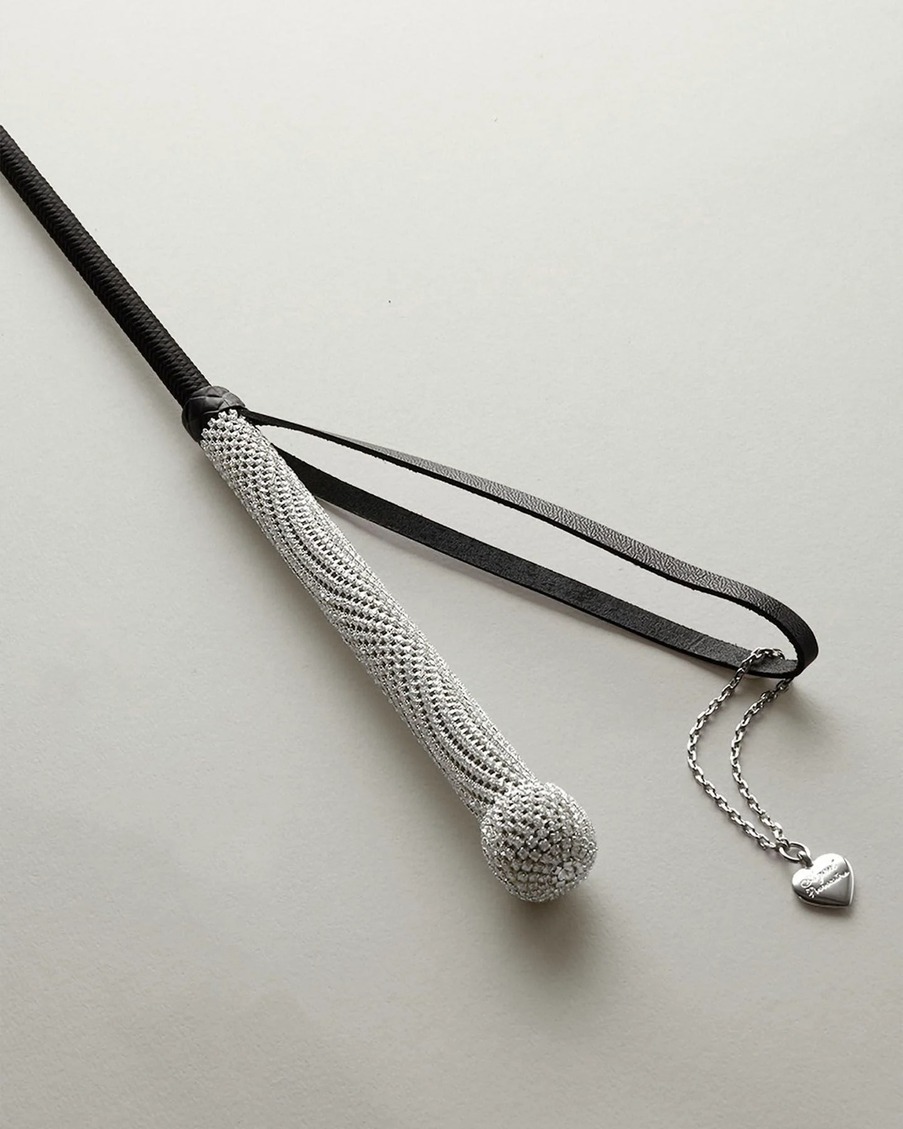 Черный кожаный хлыст с белыми кристаллами Whip Crystal