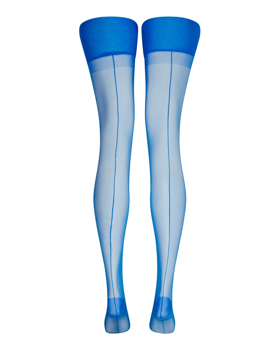 Синие чулки под пояс с продольным швом Opale
