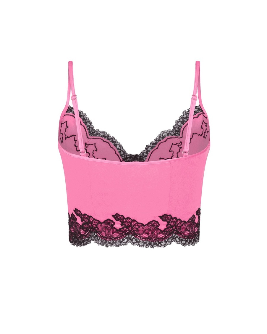 Розово-черный укороченный топ из шелка с кружевом Amelea