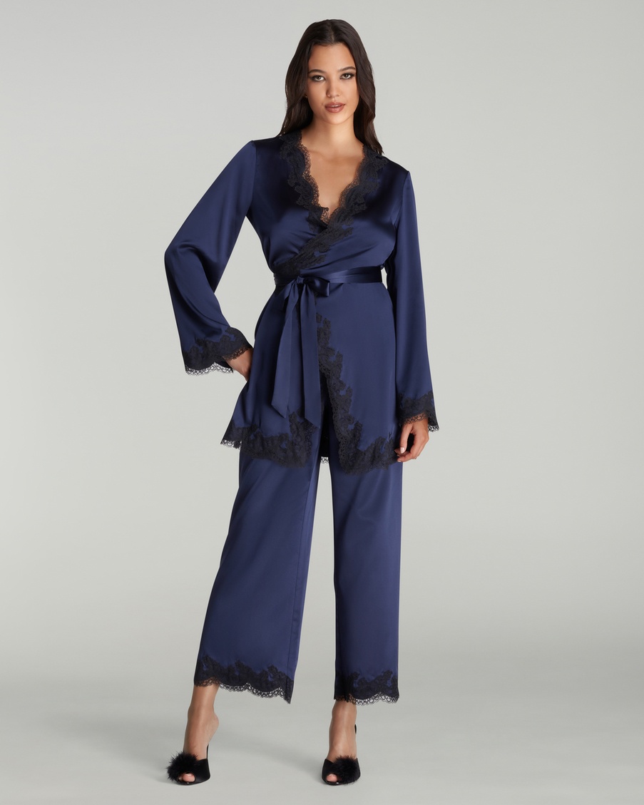 Синий верх пижамы из шелка и кружева Amelea