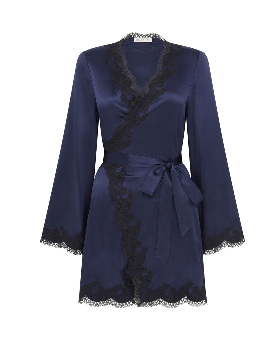 Синий верх пижамы из шелка и кружева Amelea