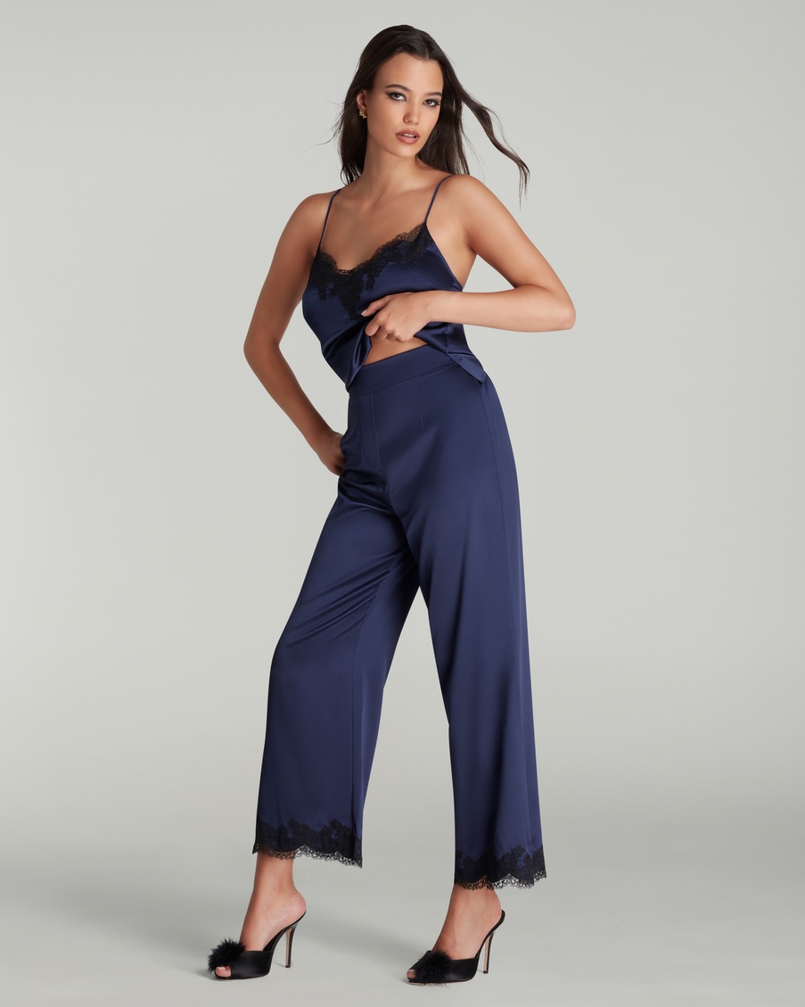 Синие укороченные пижамные брюки из шелка с кружевом Amelea