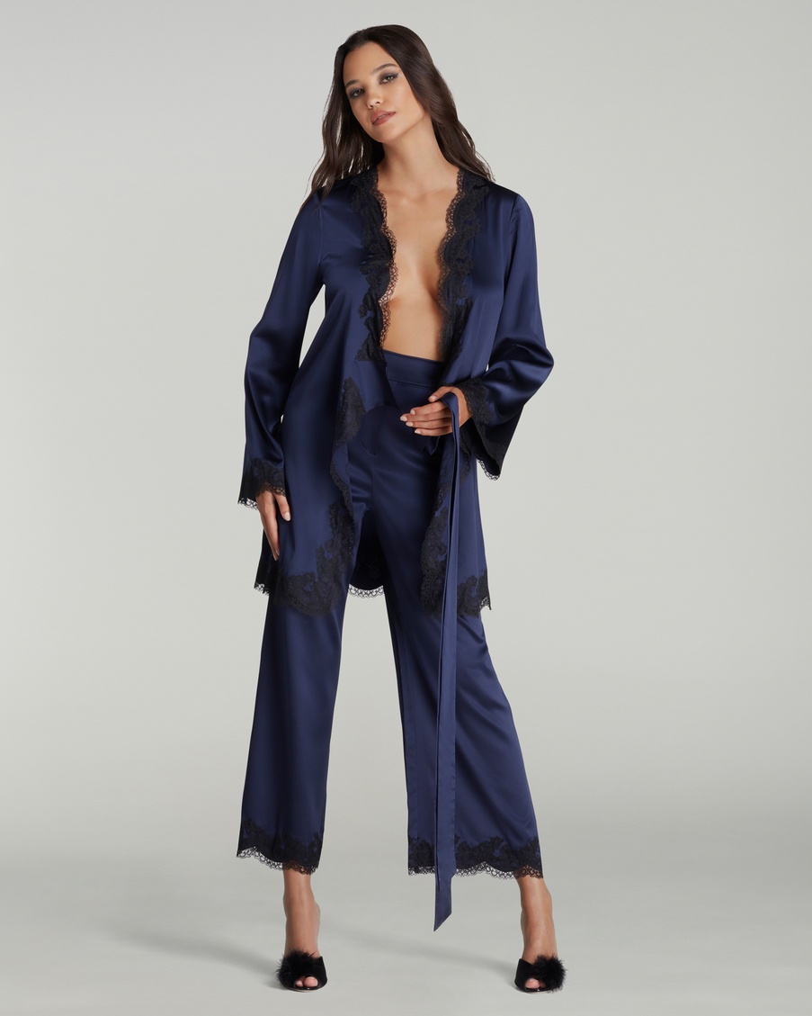 Синие укороченные пижамные брюки из шелка с кружевом Amelea