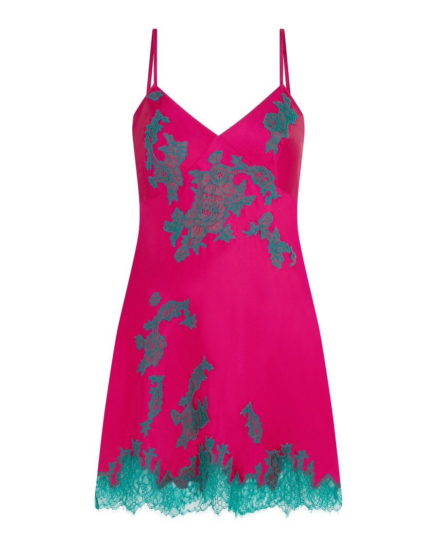 Шелковая сорочка цвета фуксия с  зеленым кружевом Christi