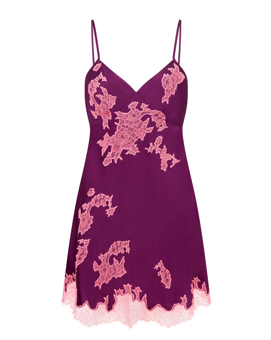 Сливовая шелковая сорочка с розовым кружевом Christi