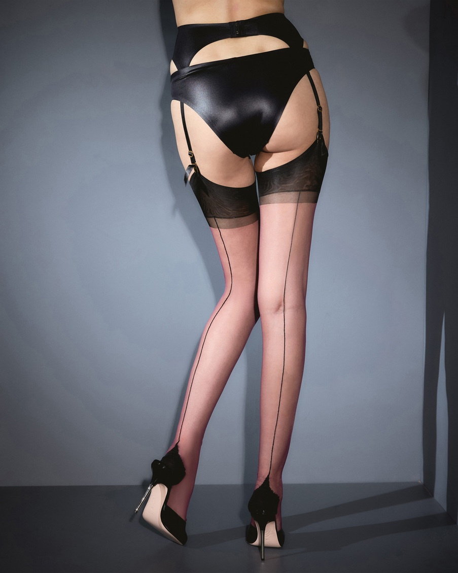 Сливово-черные чулки под пояс с продольным швом Ora