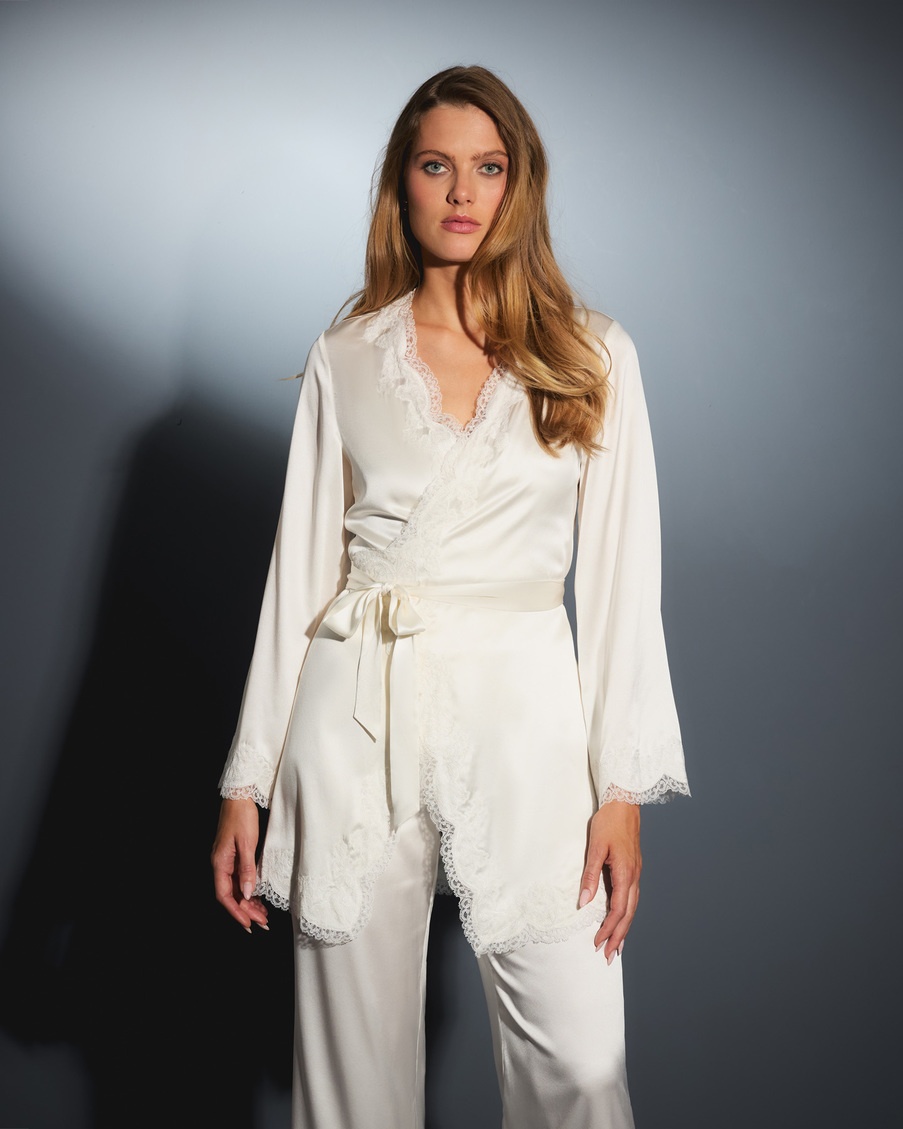 Белый топ пижамы из шелка с кружевом Amelea