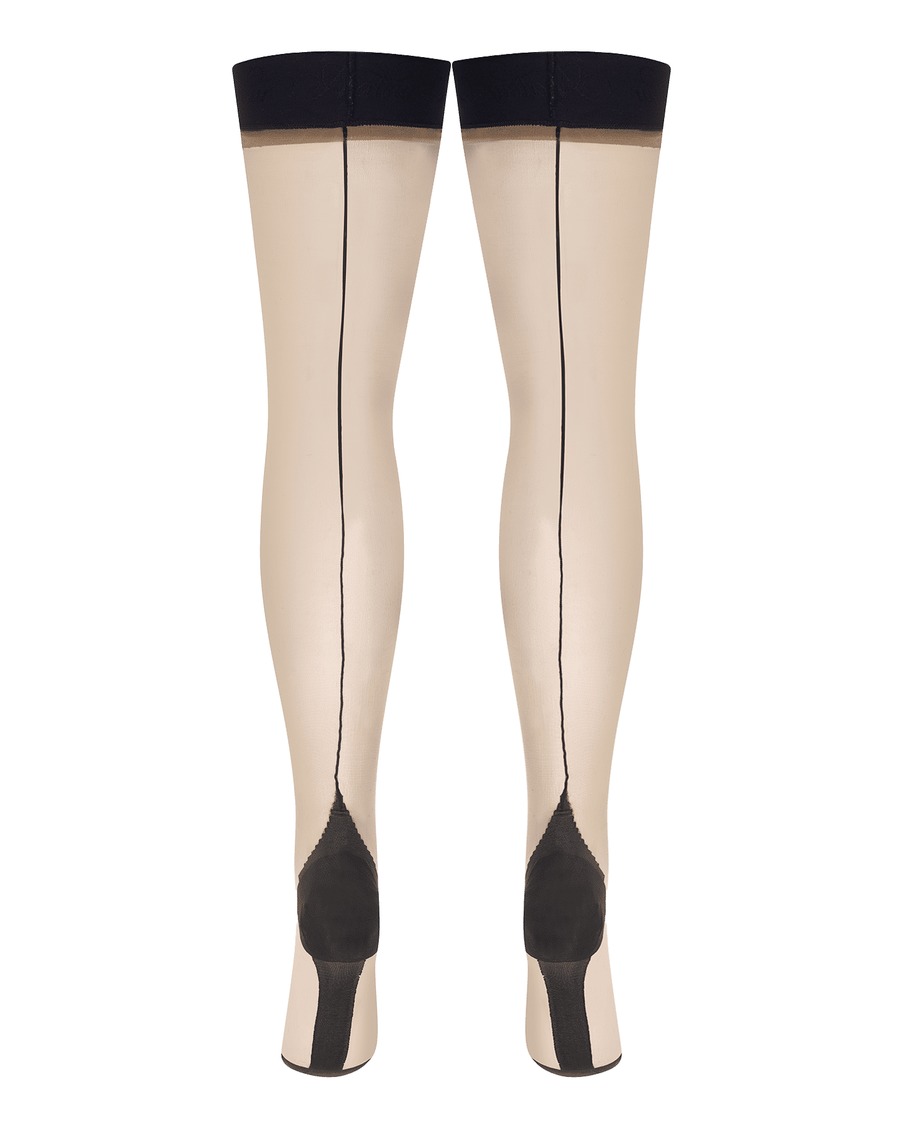 Бежевые чулки на резинке с черной отделкой Amber