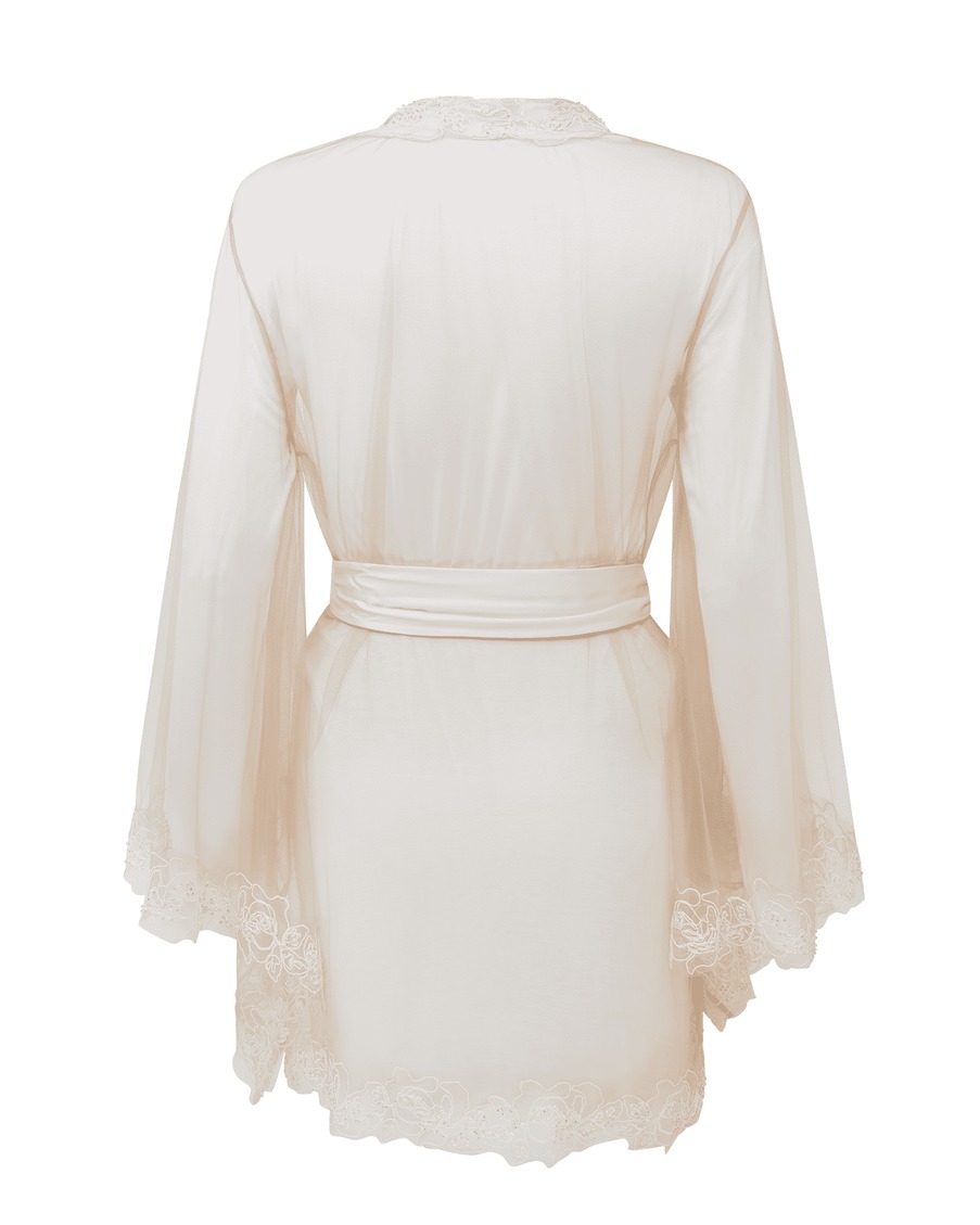 Прозрачный халат-кимоно с вышивкой цвета слоновой кости Lindie